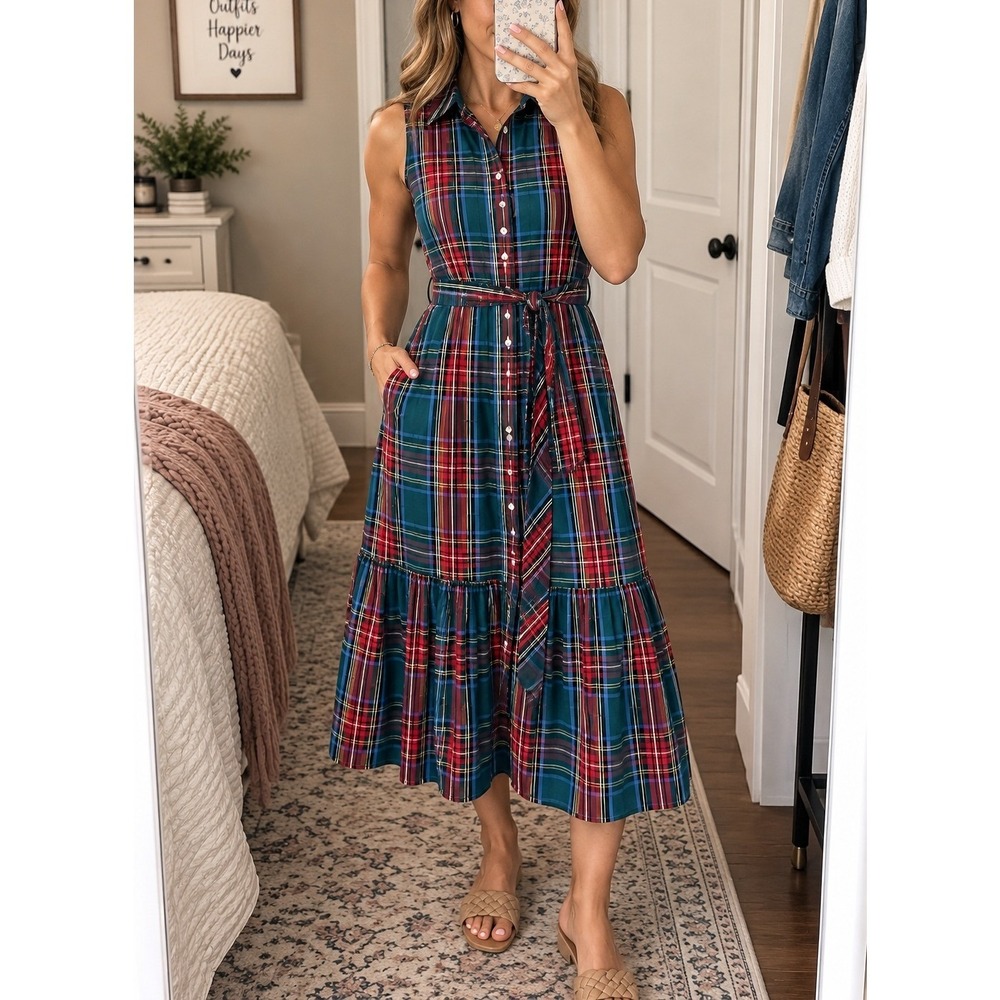 J Crew Factory Madras Plaid Shirt Dress 6 Midi Belted Tiered Preppy